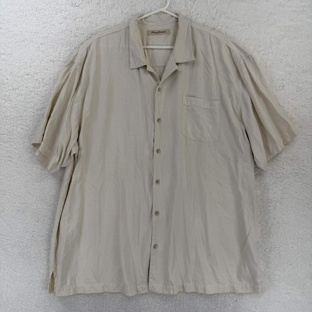 Tommy Bahama Shirt Mens 2XL‎ Beige Silk Short Sleeve Button Front Camp Casual